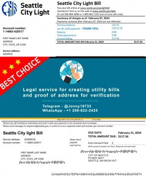 Washington Seattle City Light utility bill Sample Fake utility bill